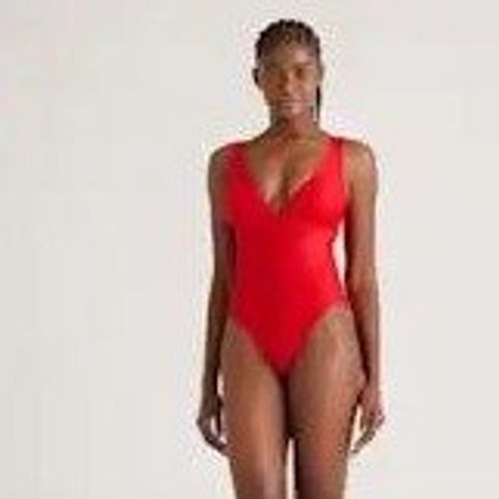 New Quince Italian Plunge One-Piece Swimsuit Red V Neck Thick Straps